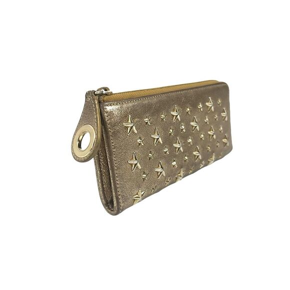 Jimmy Choo Long Zipper Wallet Metallic Gold Leather Star Studs - Picture 10 of 10
